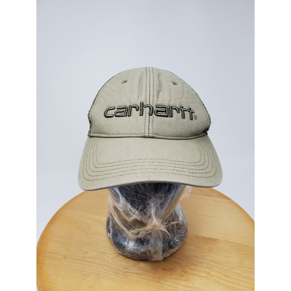 Carhartt Mens Olive Spellout Logo Mesh Back Trucker Snapback Hat Cap